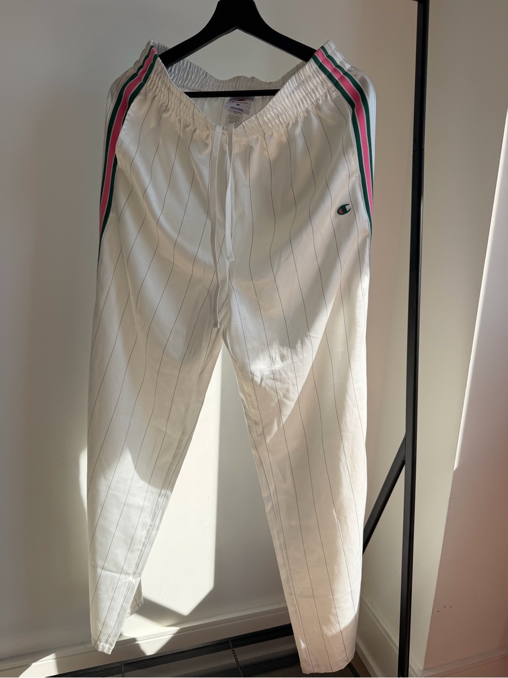 Champion White Pinstripe Joggers with Green & Pink Side Stripes